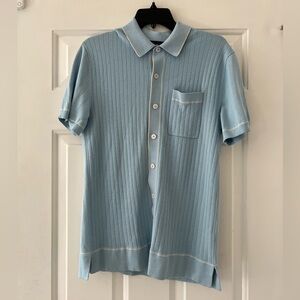 Quince Silk Cotton Textured Rivieria Polo Shirt - Blue - Medium